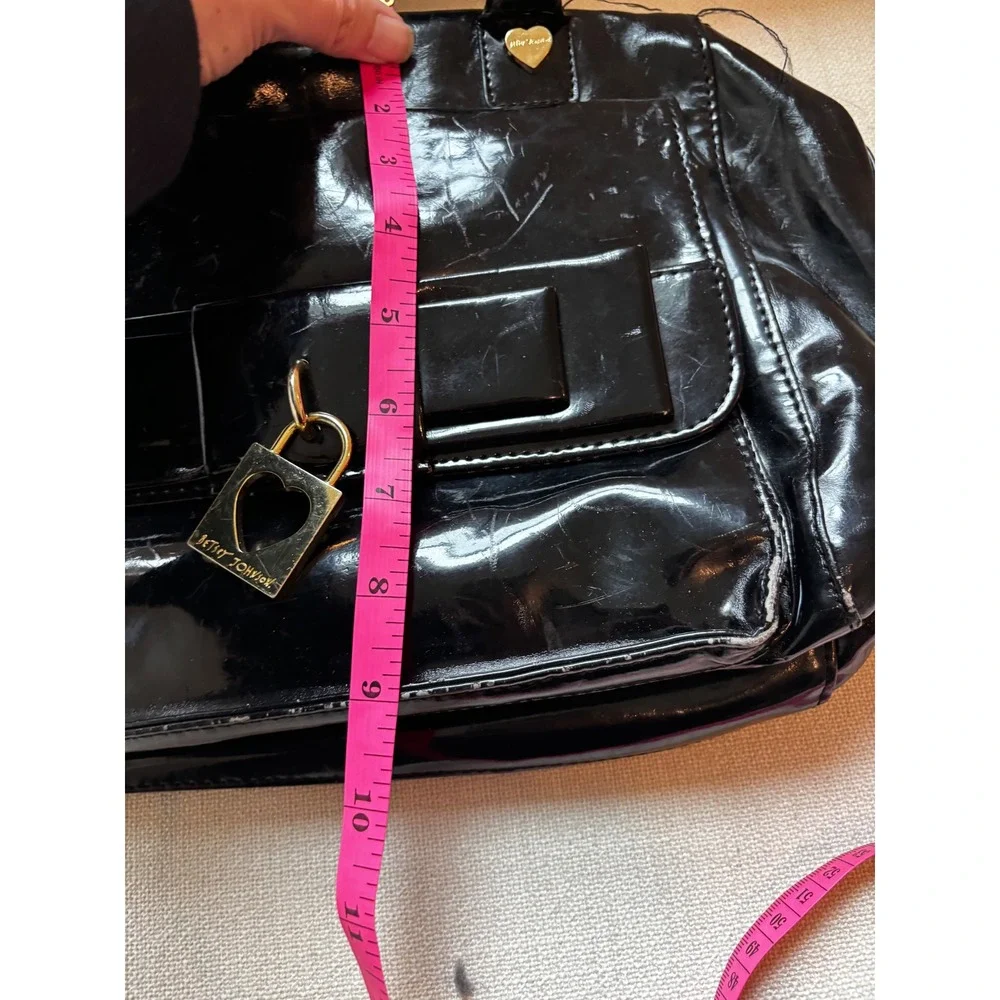 Vintage Y2K Betsey Johnson Satchel Bag Black Patent Bow Heart Padlock Rocker